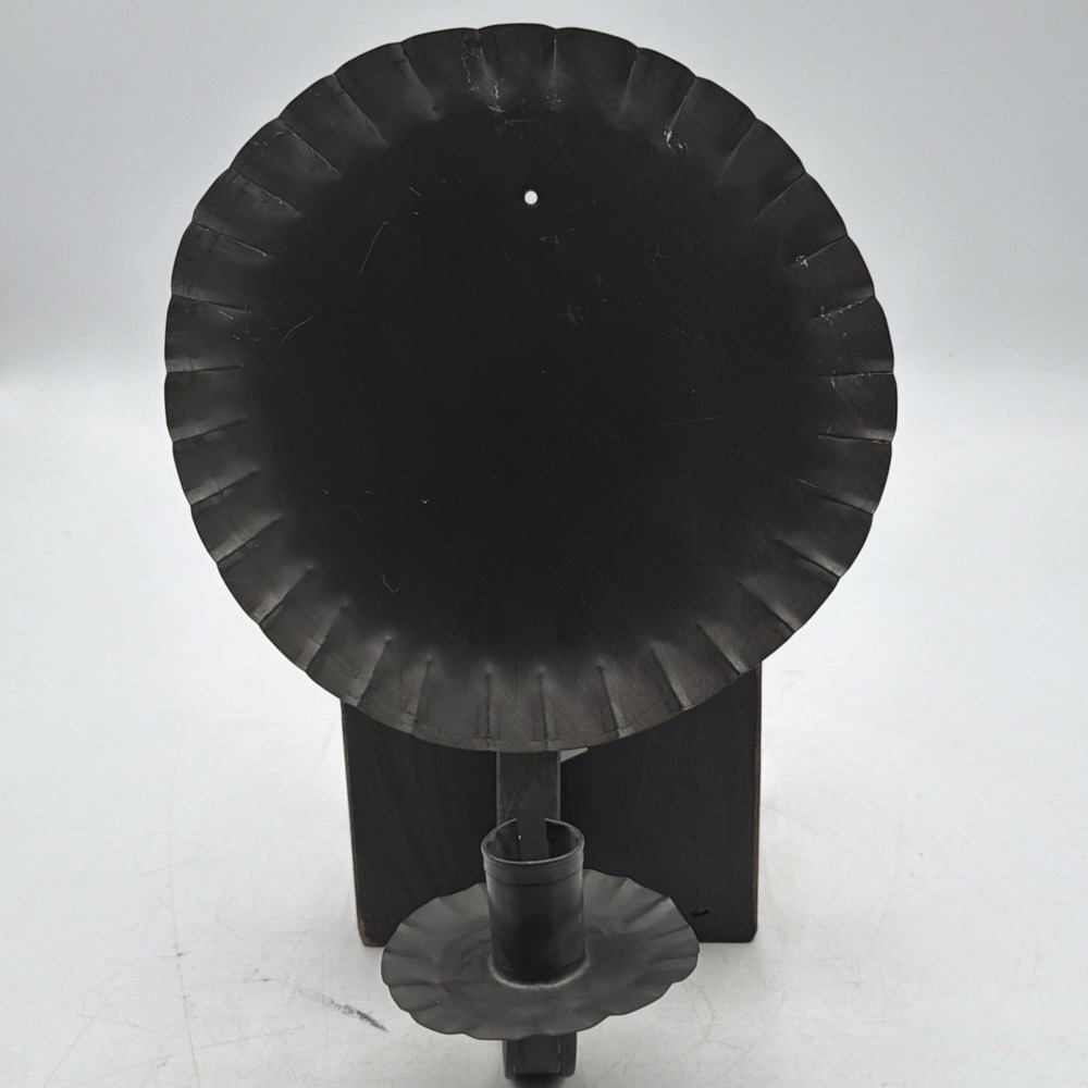Vintage Tin Round Reflector Crimped Wall Sconce Candle Holder Prim Folk Decor